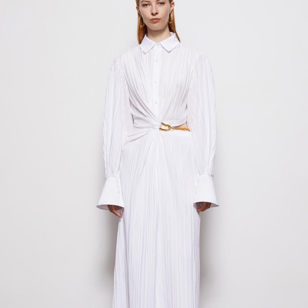 Jonathan Simkhai Fraya White Plisse Twisted Long Sleeve Shirt Dress US 10 Or$595